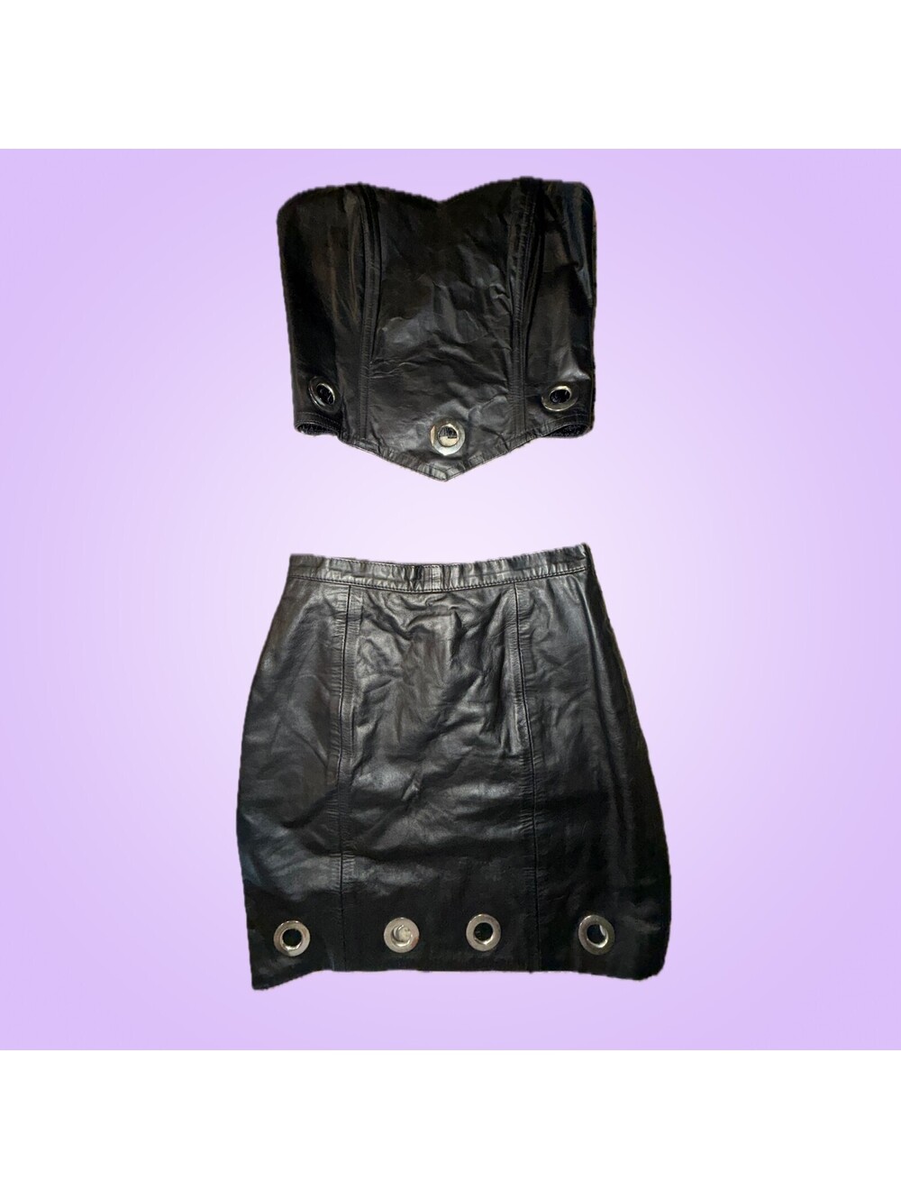 Vintage L&U Fashions Size 9/10 Black Leather Corset Top & Mini Skirt Set
